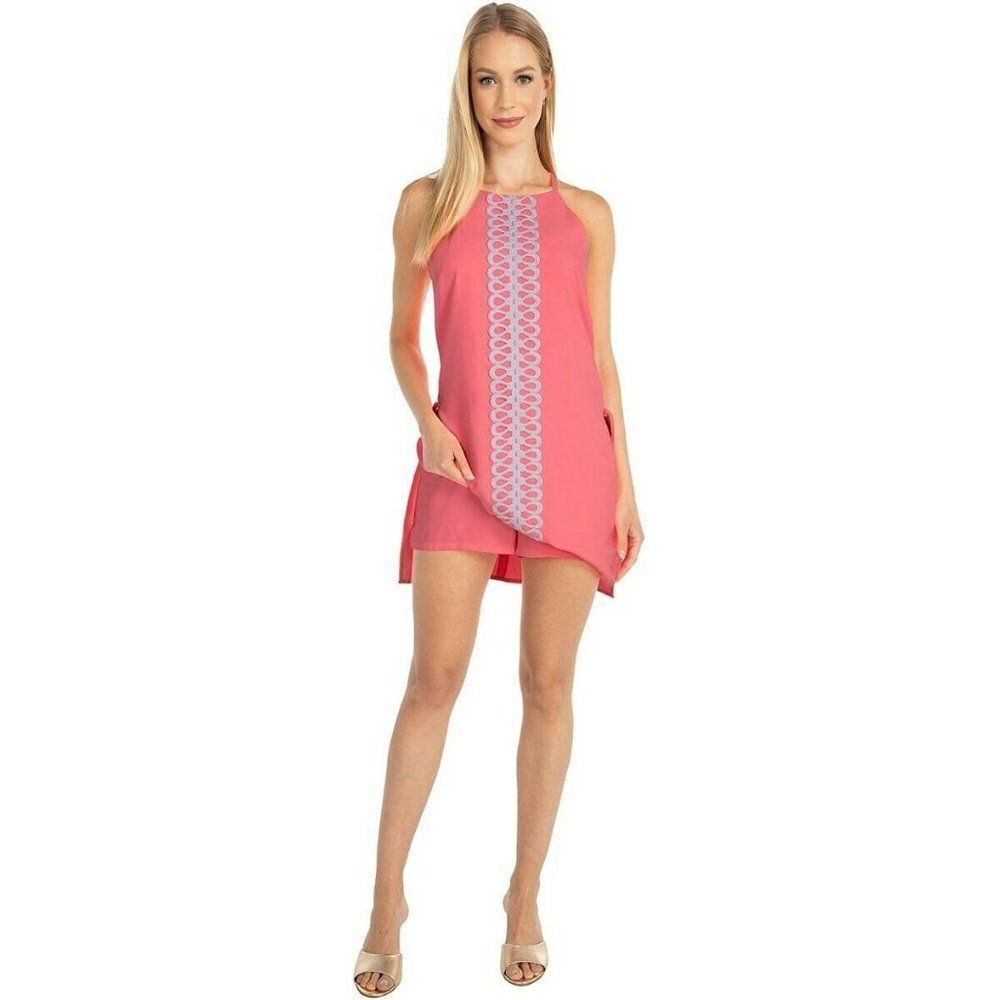 Lilly Pulitzer Donna Pearl Romper Lillys Coral Crepe Neon Orange Pink
